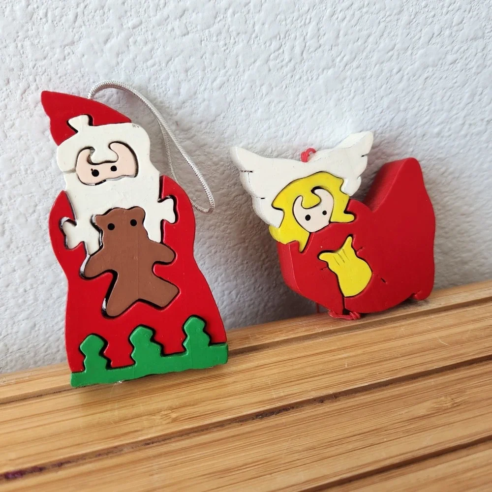 Vintage Lot of 2‎ Wood Jigsaw Puzzle Christmas Ornaments Santa Claus Angel